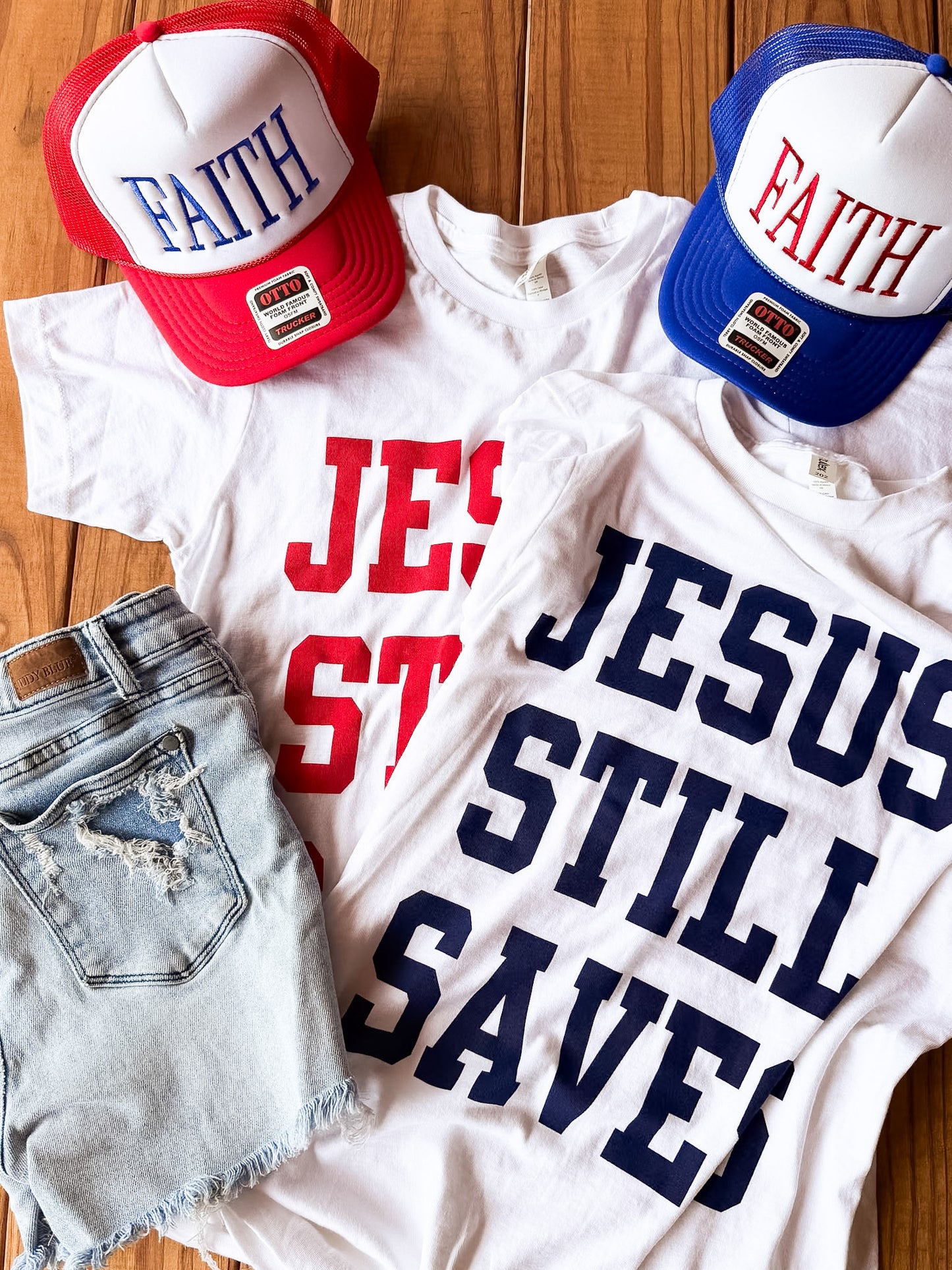 Jesus Still Saves White Tee | Red, White, & Blue