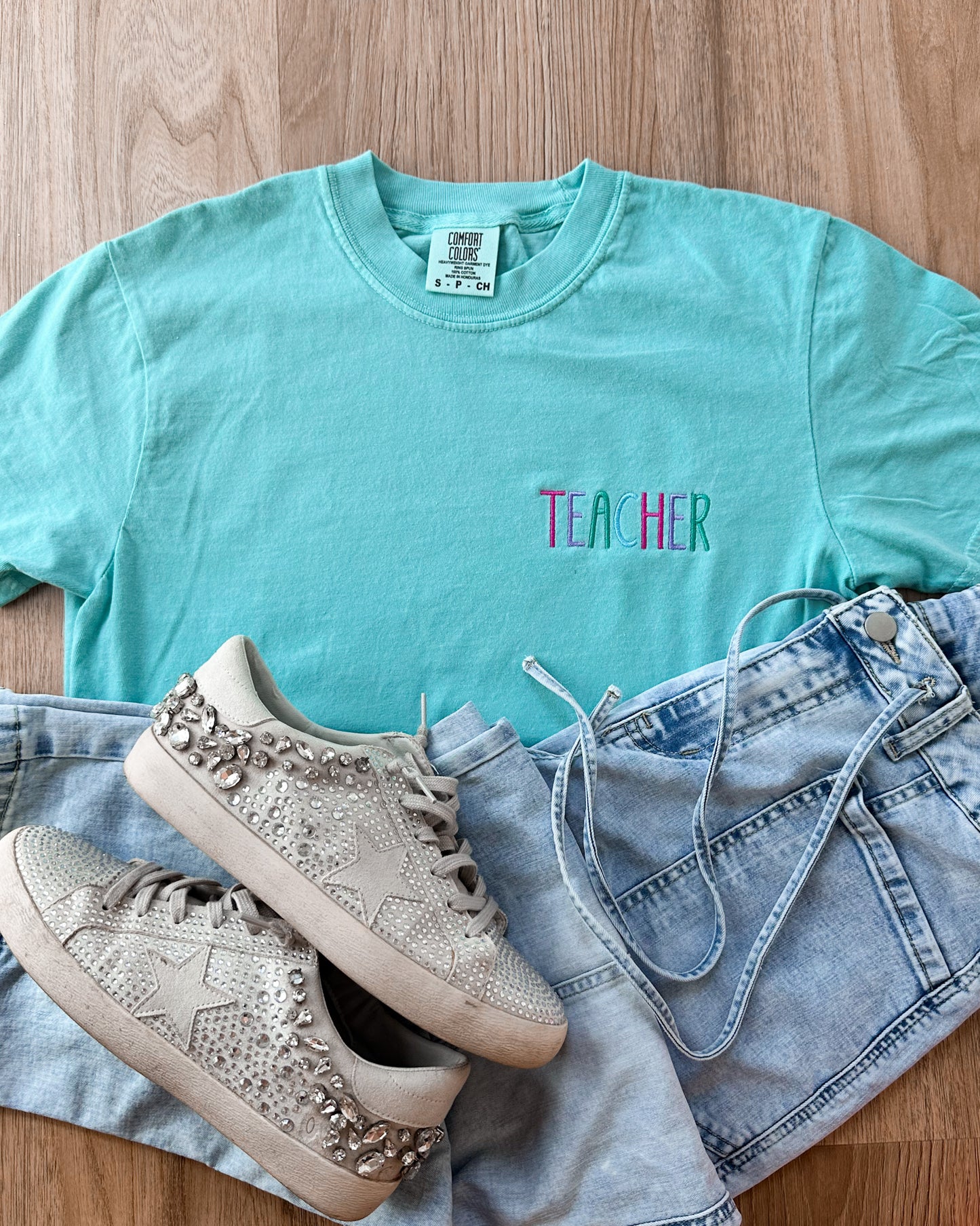 Teacher Embroidered Comfort Colors Tee | Multicolor Stitch